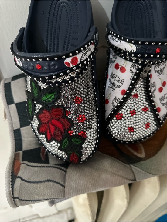 MCM Shoes - MCM Navy Slip-On Clogs with Red Rose Embroidery & Crystal Studs